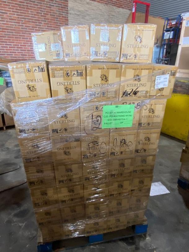 Pallet of Sterling boxes shrink-wrapped, labeled for PCX NY Warehouse auction. Boxes appear sealed and in good condition.