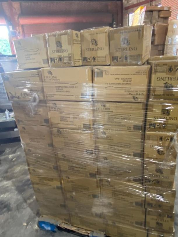 Stack of Sterling brand boxes on a pallet, wrapped in plastic. Boxes appear new and well stacked, indicating bulk quantity.