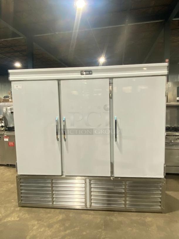 BRAND NEW! OUT OF THE BOX! Leader Commercial White Stainless Steel Solid 3 Door Reach In Freezer! With Poly Coated Wire Racks! - Image 1 of 9