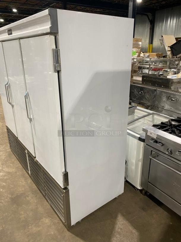 BRAND NEW! OUT OF THE BOX! Leader Commercial White Stainless Steel Solid 3 Door Reach In Freezer! With Poly Coated Wire Racks! - Image 2 of 9