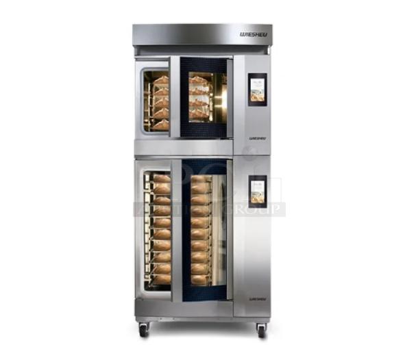NEW! OUT OF THE BOX! Wiesheu! 2018! Late Model! Dibas-Blue Series Commercial Stainless Steel Electric Powered Double Stacked In-Store Baking Oven! With Active Steam Technology! With Steam Reducer Condensate Exhaust Hood! Model: X3202 / X3002 / X0464 SN: 10382396 / 10382404 / 10382387! 208V 3 Phase! On Legs! 2X Your Bid Makes One Unit! - Image 1 of 13