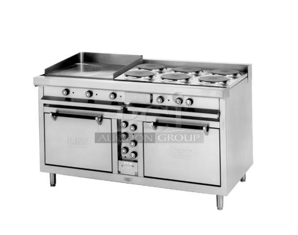 BRAND NEW! Lang Commercial Stainless Steel Electric Powered Heavy Duty Flat Griddle/6-Burner French Plate Split-Top Range! With Double Oven Base! Model: R60S-ATJ SN: R600623A0001! - Image 1 of 13