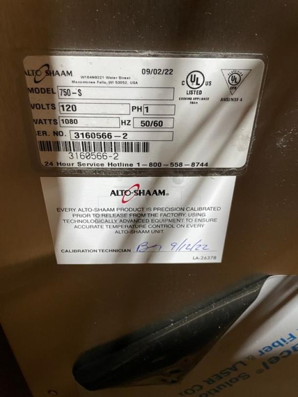 BRAND NEW! Alto-Shaam! 2022! Late Model! Halo Heat Series Commercial Stainless Steel Low Temperature Holding Cabinet! Model: 750-S SN: 3160566-2! 120V 1 Phase! On Casters! - Image 13 of 13