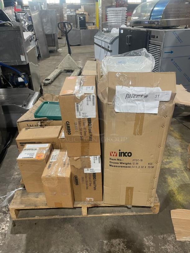 BRAND NEW! MIXED PALLET! Winco Commercial Clear 18 Qt. Square Food Storage Container! Model: PTSC-18! With Cambro Camwear Series Commercial Clear 1/6-Size 5" Deep Colander! Model: 65CLRCW135! With Cambro H-Pan Series Commercial Beige 1/3-Size 6" Deep High Heat Hot Food Pan! Model: 36HP772! With Cambro H-Pan Series Commercial Amber 1/4-Size 4" Deep High Heat Food Pan! Model: 44HP150! With Carlisle Commercial Green 12"x16" Rectangular Fast Food/Cafeteria Serving Tray! Model: NCT1216! & MORE! 47X Your Bid! - Image 1 of 9