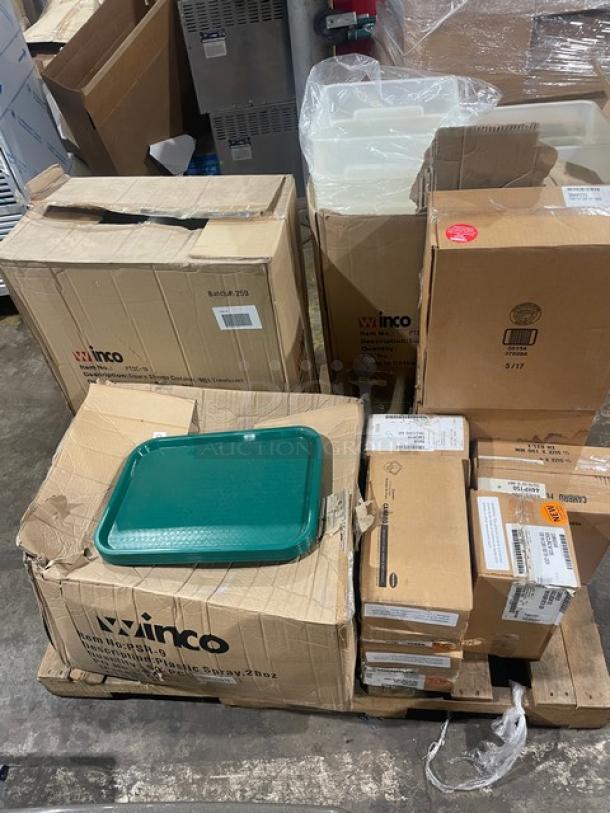 BRAND NEW! MIXED PALLET! Winco Commercial Clear 18 Qt. Square Food Storage Container! Model: PTSC-18! With Cambro Camwear Series Commercial Clear 1/6-Size 5" Deep Colander! Model: 65CLRCW135! With Cambro H-Pan Series Commercial Beige 1/3-Size 6" Deep High Heat Hot Food Pan! Model: 36HP772! With Cambro H-Pan Series Commercial Amber 1/4-Size 4" Deep High Heat Food Pan! Model: 44HP150! With Carlisle Commercial Green 12"x16" Rectangular Fast Food/Cafeteria Serving Tray! Model: NCT1216! & MORE! 47X Your Bid! - Image 2 of 9