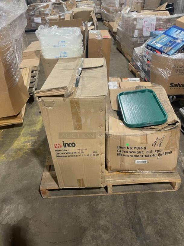BRAND NEW! MIXED PALLET! Winco Commercial Clear 18 Qt. Square Food Storage Container! Model: PTSC-18! With Cambro Camwear Series Commercial Clear 1/6-Size 5" Deep Colander! Model: 65CLRCW135! With Cambro H-Pan Series Commercial Beige 1/3-Size 6" Deep High Heat Hot Food Pan! Model: 36HP772! With Cambro H-Pan Series Commercial Amber 1/4-Size 4" Deep High Heat Food Pan! Model: 44HP150! With Carlisle Commercial Green 12"x16" Rectangular Fast Food/Cafeteria Serving Tray! Model: NCT1216! & MORE! 47X Your Bid! - Image 3 of 9