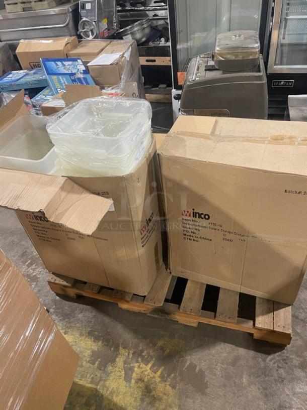 BRAND NEW! MIXED PALLET! Winco Commercial Clear 18 Qt. Square Food Storage Container! Model: PTSC-18! With Cambro Camwear Series Commercial Clear 1/6-Size 5" Deep Colander! Model: 65CLRCW135! With Cambro H-Pan Series Commercial Beige 1/3-Size 6" Deep High Heat Hot Food Pan! Model: 36HP772! With Cambro H-Pan Series Commercial Amber 1/4-Size 4" Deep High Heat Food Pan! Model: 44HP150! With Carlisle Commercial Green 12"x16" Rectangular Fast Food/Cafeteria Serving Tray! Model: NCT1216! & MORE! 47X Your Bid! - Image 4 of 9