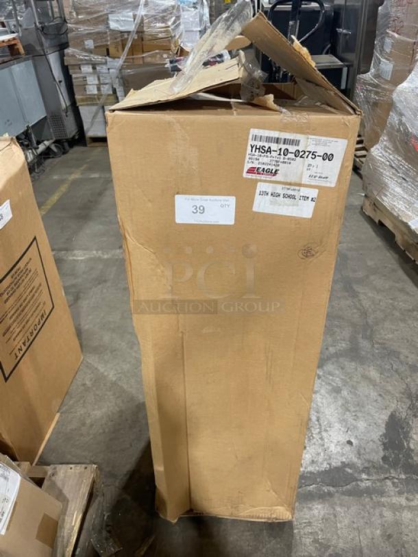Eagle Group stainless steel hand washing sink in box, model YHSA-10-0275-00. Features foot pedals, gooseneck faucet. Brand new.