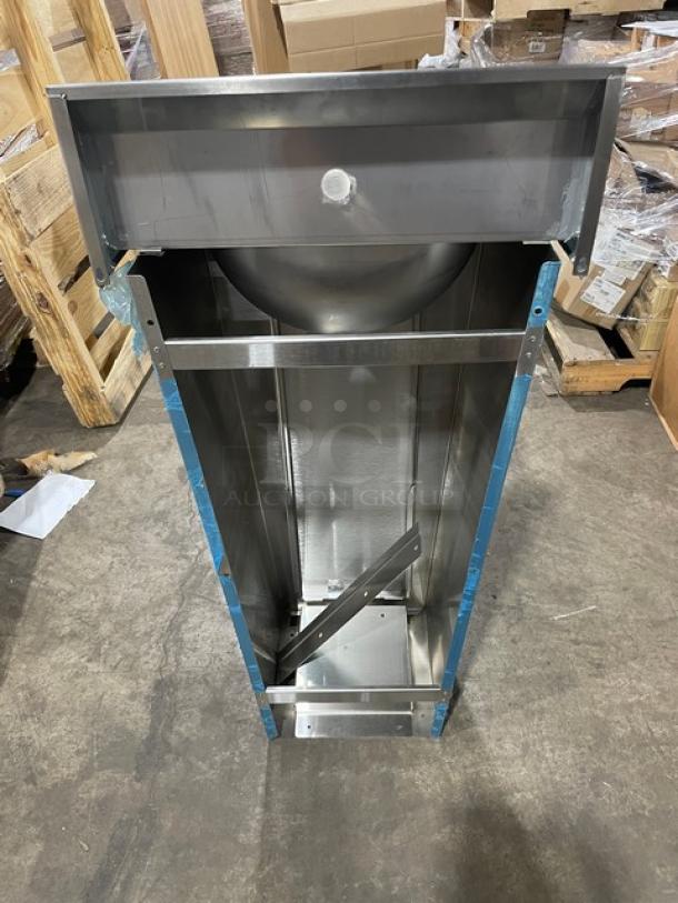 Brand new Eagle Group stainless steel hand washing sink, model YHSA-10-0275-00, with foot pedals and gooseneck faucet.
