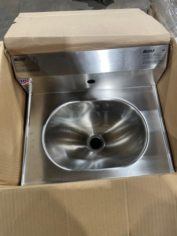 Brand new Eagle Group stainless steel hand washing sink, Model YHSA100275, with foot pedals and goose neck faucet.