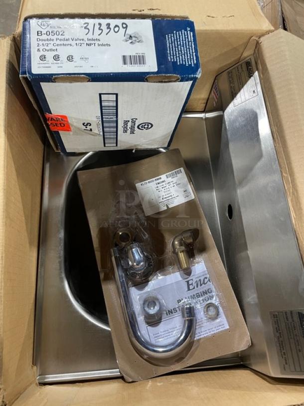 Brand new Eagle Group stainless steel hand washing sink, model YHSA100275. Includes foot pedals, gooseneck faucet.