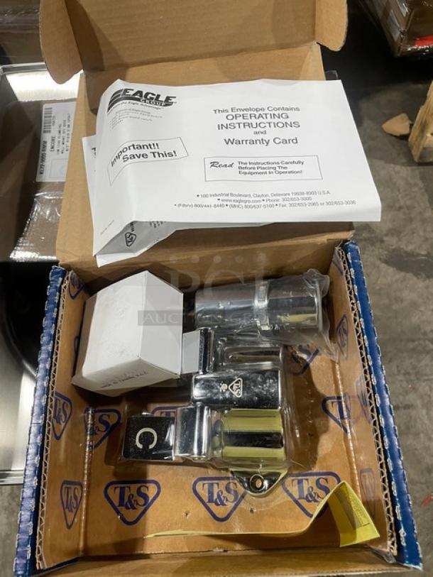 Brand new Eagle Group stainless steel hand washing sink parts, including foot pedals and gooseneck faucet, in box. Model YHSA-10-0275-00.
