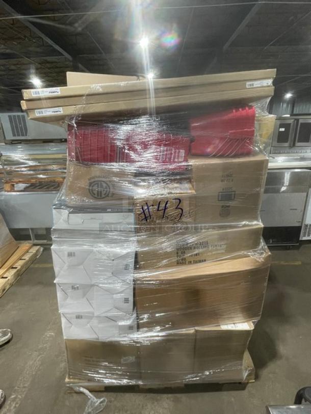 Mixed pallet of various brand new commercial kitchen equipment, securely wrapped, featuring Edlund can opener, Lorell cork board, and more.