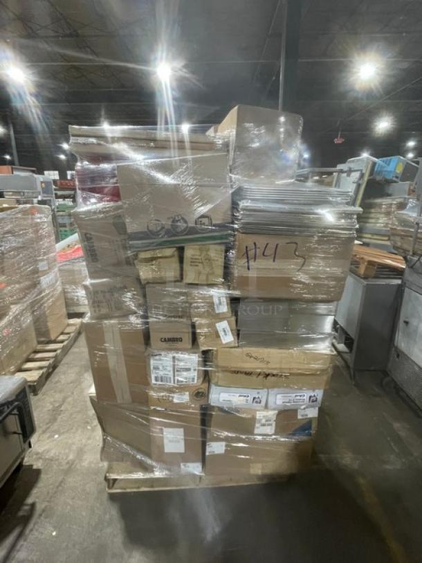Brand new mixed pallet with Edlund U-12 can opener, Lorell cork board, Taylor scale, and more. Box marked #413.