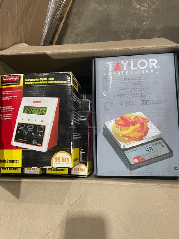 Mixed pallet of brand new commercial kitchen items including Taylor digital scale in box, visible timer, Rubbermaid.