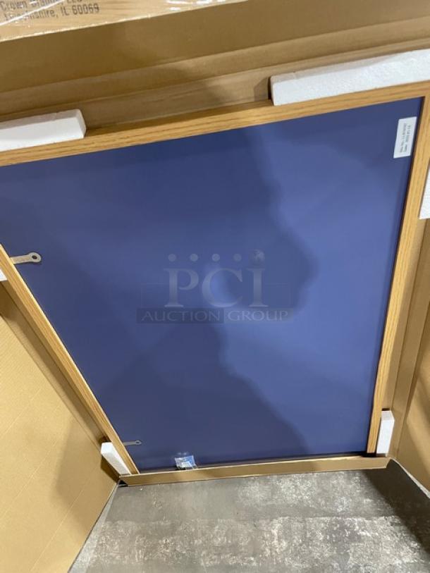Lorell Commercial Aluminum Framed Cork Board, Model 19763, in original packaging. Features oak frame and blue surface.