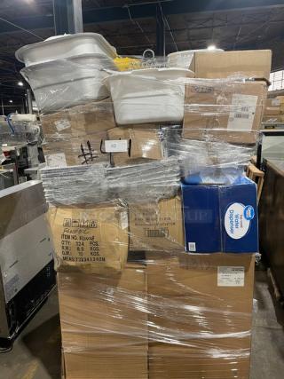BRAND NEW! MIXED PALLET! Vollrath Super Pan V Series Commercial Stainless Steel Full-Size 4" Deep Anti-Jam Perforated Steam Pan! Model: 30043! With Vollrath Commercial Stainless Steel 1.25 Oz. Squeeze Disher/Scooper! Model: 47156! With Choice Commercial Stainless Steel 8 Qt. Mixing Bowl! Model: 407SSMXB38! With Nemco Commercial 1" Square Cut Replacement Blade Set! Model: 536-4! With Taylor Commercial Indoor/Outdoor Stick On Thermometer! Model: 5380N! With Winco Commercial Clear 32 Oz. Scoop! Model: PS-32! With Winco Commercial Aluminum 5.5 Qt. Fryer/Pasta Pan! Model: ALSP-5! With Update International Commercial Yellow Foldable "Wet Floor" Sign! Model: WFC-27! With Rubbermaid WaveBrake Series Commercial Yellow 35 Qt. Mobile Mop Bucket! With Casters! Model: 2064914! With Vollrath Wear-Ever Series Commercial Tapered Aluminum 10 Qt. Saucepan! Model: 68310! & MUCH MORE! 80X Your Bid!