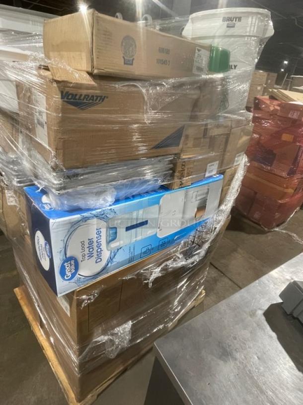 BRAND NEW! MIXED PALLET! Vollrath Super Pan V Series Commercial Stainless Steel Full-Size 4" Deep Anti-Jam Perforated Steam Pan! Model: 30043! With Vollrath Commercial Stainless Steel 1.25 Oz. Squeeze Disher/Scooper! Model: 47156! With Choice Commercial Stainless Steel 8 Qt. Mixing Bowl! Model: 407SSMXB38! With Nemco Commercial 1" Square Cut Replacement Blade Set! Model: 536-4! With Taylor Commercial Indoor/Outdoor Stick On Thermometer! Model: 5380N! With Winco Commercial Clear 32 Oz. Scoop! Model: PS-32! With Winco Commercial Aluminum 5.5 Qt. Fryer/Pasta Pan! Model: ALSP-5! With Update International Commercial Yellow Foldable "Wet Floor" Sign! Model: WFC-27! With Rubbermaid WaveBrake Series Commercial Yellow 35 Qt. Mobile Mop Bucket! With Casters! Model: 2064914! With Vollrath Wear-Ever Series Commercial Tapered Aluminum 10 Qt. Saucepan! Model: 68310! & MUCH MORE! 80X Your Bid! - Image 2 of 11