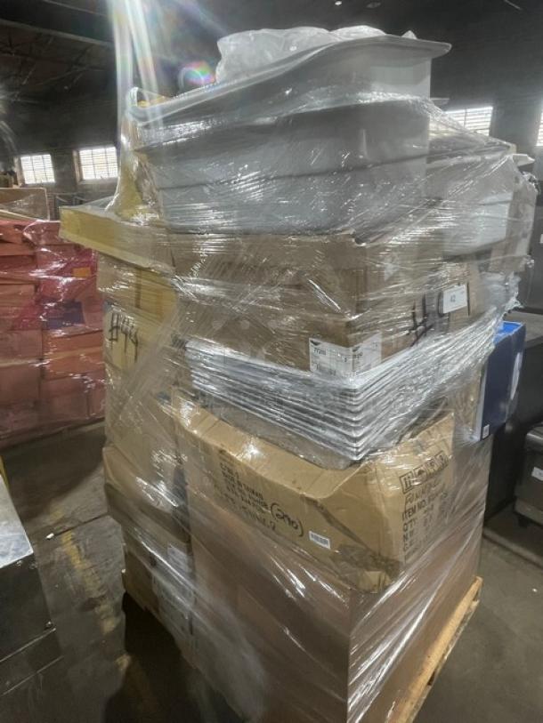 BRAND NEW! MIXED PALLET! Vollrath Super Pan V Series Commercial Stainless Steel Full-Size 4" Deep Anti-Jam Perforated Steam Pan! Model: 30043! With Vollrath Commercial Stainless Steel 1.25 Oz. Squeeze Disher/Scooper! Model: 47156! With Choice Commercial Stainless Steel 8 Qt. Mixing Bowl! Model: 407SSMXB38! With Nemco Commercial 1" Square Cut Replacement Blade Set! Model: 536-4! With Taylor Commercial Indoor/Outdoor Stick On Thermometer! Model: 5380N! With Winco Commercial Clear 32 Oz. Scoop! Model: PS-32! With Winco Commercial Aluminum 5.5 Qt. Fryer/Pasta Pan! Model: ALSP-5! With Update International Commercial Yellow Foldable "Wet Floor" Sign! Model: WFC-27! With Rubbermaid WaveBrake Series Commercial Yellow 35 Qt. Mobile Mop Bucket! With Casters! Model: 2064914! With Vollrath Wear-Ever Series Commercial Tapered Aluminum 10 Qt. Saucepan! Model: 68310! & MUCH MORE! 80X Your Bid! - Image 3 of 11