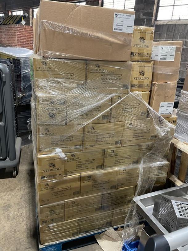 Mixed pallet with sealed boxes of Sterling 6.5” compostable knives, model MM-GP3KN651M, and Paterson dinner napkins, model NG01046.