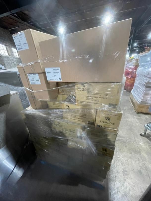 Mixed pallet including Sterling Commercial 6.5” compostable knives, Model MM-GP3KN651M, and Paterson Pacific black 2-ply napkins, Model NG01046. Brand new condition, 20 bags per case for knives, 1,000 napkins per case.