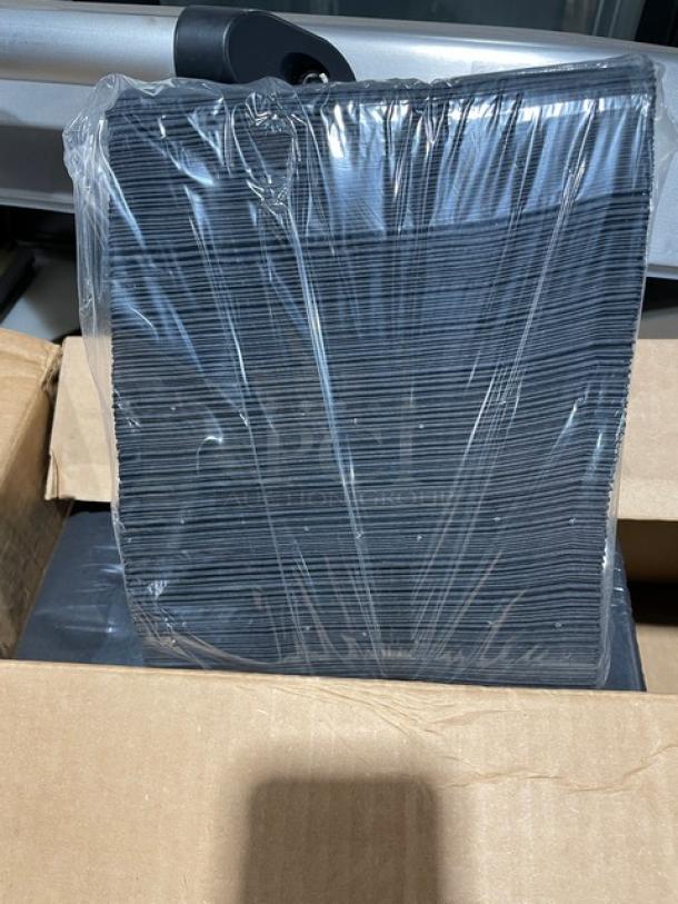 Mixed pallet with Sterling 6.5” compostable knives, 20 bags per case, and Paterson black 2-ply napkins, 1,000 per case.