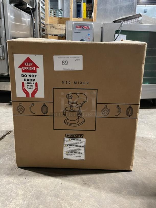 BRAND NEW! Hobart Commercial Gray Electric Powered Countertop/Stand/Bench Heavy-Duty Gear Driven 5 Qt. Planetary Mixer! With Flat Beater, Wire Whip & Dough Hook Attachments! With Stainless Steel Mixing Bowl! Model: N50-60 SN: 311649920! - Image 3 of 10