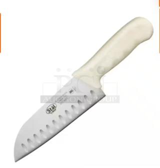Brand new Winco Stal Series 7” Santoku knife, model KWP70, with high-carbon German steel blade and white grip handle.