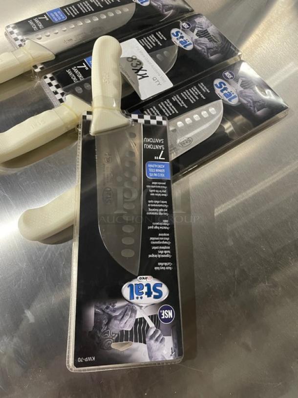 BRAND NEW! Winco Stal Series Commercial High Carbon German Steel 7” Santoku Knife! With White Grip Handle! Model: KWP-70! 4X Your Bid! - Image 4 of 9