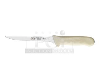 BRAND NEW Winco Stal Series 6” narrow boning knife, high carbon German steel, white grip handle, Model KWP-61.