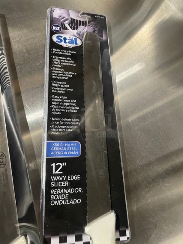 BRAND NEW! Winco Stal Series Commercial High Carbon German Steel 12” Wavy Edge Slicer Knife! With White Grip Handle! Model: KWP-121! 6X Your Bid! - Image 5 of 8