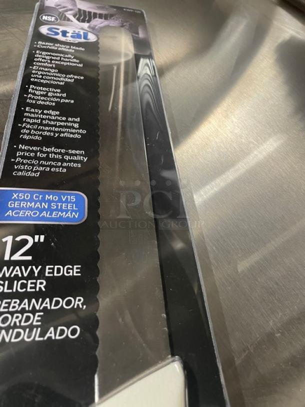 BRAND NEW! Winco Stal Series Commercial High Carbon German Steel 12” Wavy Edge Slicer Knife! With White Grip Handle! Model: KWP-121! 6X Your Bid! - Image 6 of 8
