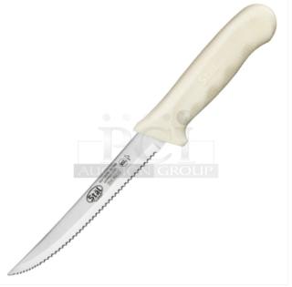 Winco Stal Series KWP50 serrated utility knife, 5.5-inch German steel blade, white grip handle, brand new condition.