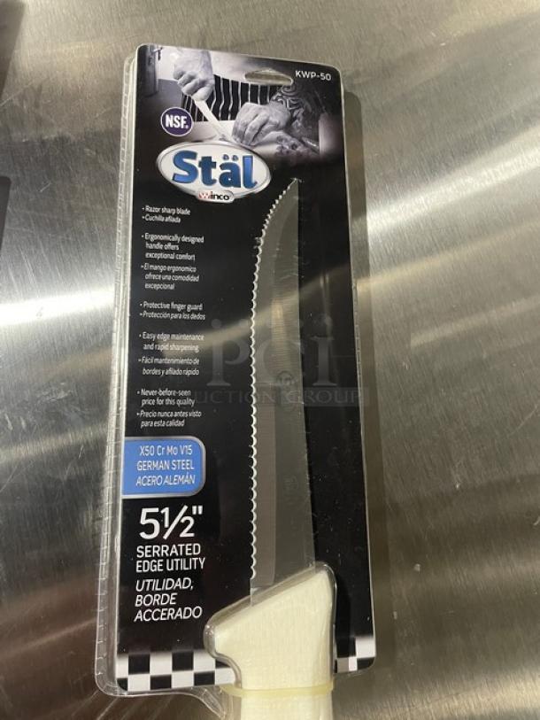 BRAND NEW! Winco Stal Series Commercial High Carbon German Steel 5-1/2” Serrated Edge Utility Knife! With White Grip Handle! Model: KWP-50! 11X Your Bid! - Image 3 of 8