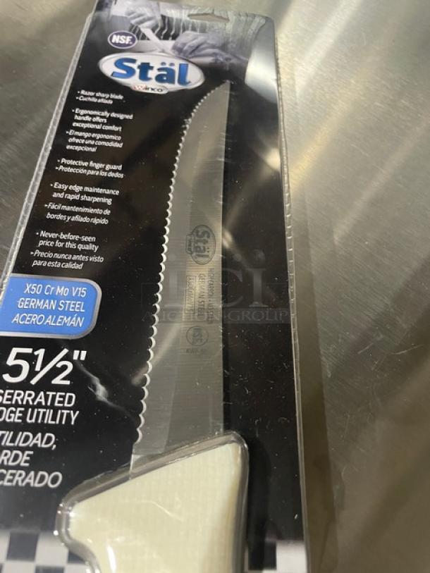BRAND NEW! Winco Stal Series Commercial High Carbon German Steel 5-1/2” Serrated Edge Utility Knife! With White Grip Handle! Model: KWP-50! 11X Your Bid! - Image 8 of 8
