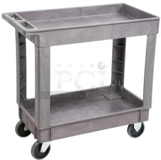 Brand new Lakeside gray 2-tier utility cart, Model 2521, 500 lb capacity, heavy-duty plastic, swivel casters for easy mobility.