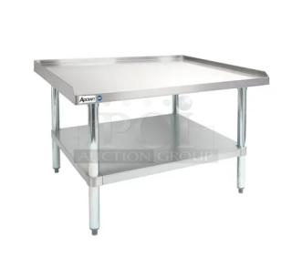 Brand new Adcraft stainless steel equipment stand, model ES3024, with undershelf, back, and side splash. On legs.