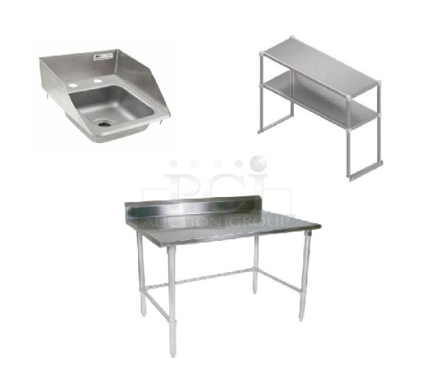 BRAND NEW! John Boos Commercial Stainless Steel 48"x30" Open Base Worktop Table! Model: ST6R53048SBK! With 48"x12" Table-Mounted Flat-Top Double Over Shelf! Model: OSE26FK-1248! With Pro-Bowl Series 9"x9" Single Compartment 5" Deep Drop-In Sink! Model: PB-DISINK090905-SSLR! On Legs! ALL ONE MONEY! - Image 1 of 1
