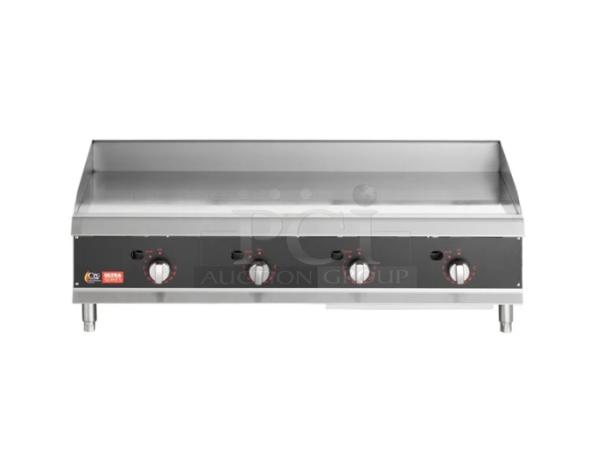 NEW! SCRATCH-N-DENT! CPG Ultra Series Commercial Stainless Steel Natural Gas Powered Countertop 48" Chrome Plated Flat Griddle! With Thermostatic Controls! With Back & Side Splash! Model: 351GTUCPG48N SN: 2311008118! On Legs! - Image 1 of 9