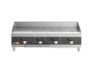 NEW! SCRATCH-N-DENT! CPG Ultra Series Commercial Stainless Steel Natural Gas Powered Countertop 48" Chrome Plated Flat Griddle! With Thermostatic Controls! With Back & Side Splash! Model: 351GTUCPG48N SN: 2311008118! On Legs!