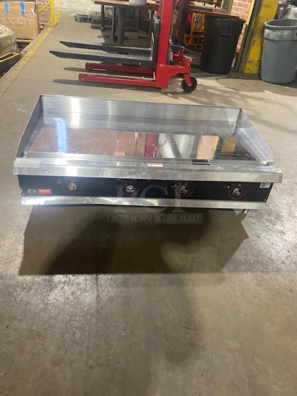 NEW! SCRATCH-N-DENT! CPG Ultra Series Commercial Stainless Steel Natural Gas Powered Countertop 48" Chrome Plated Flat Griddle! With Thermostatic Controls! With Back & Side Splash! Model: 351GTUCPG48N SN: 2311008118! On Legs! - Image 2 of 9