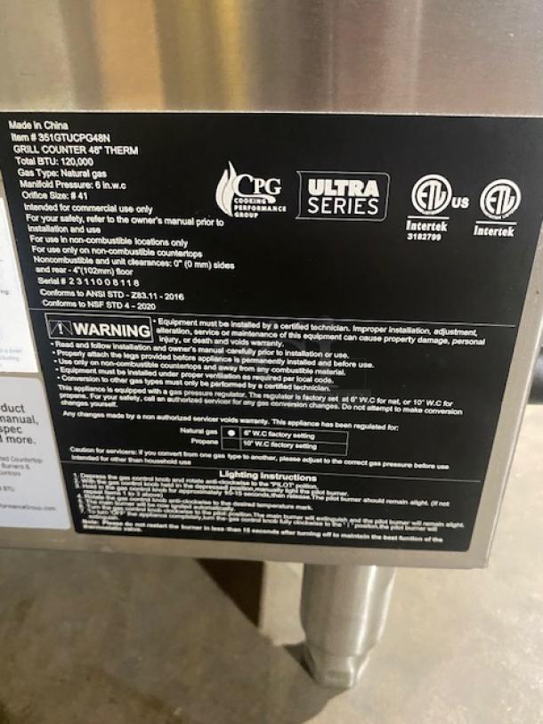 NEW! SCRATCH-N-DENT! CPG Ultra Series Commercial Stainless Steel Natural Gas Powered Countertop 48" Chrome Plated Flat Griddle! With Thermostatic Controls! With Back & Side Splash! Model: 351GTUCPG48N SN: 2311008118! On Legs! - Image 9 of 9