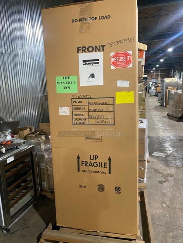 Brand new Champion DH6000 stainless steel dishwasher in packaging. High-temperature, with booster, 208-240V, 3 phase.