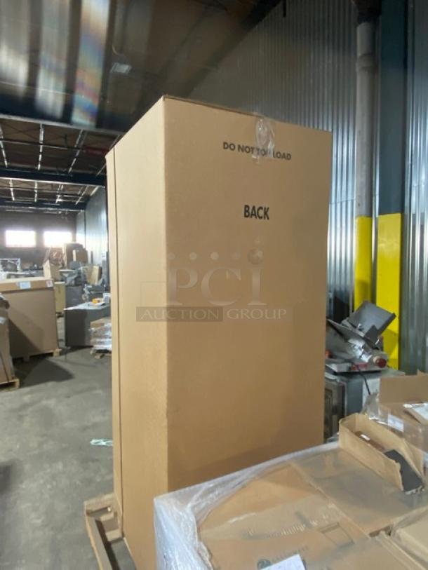 Brand new Champion DH6000 dishwashing machine in packaging, model DH6000, 208-240V, 3 phase, on legs, shown in warehouse.