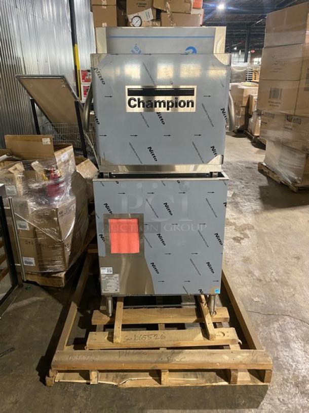 Brand new Champion DH6000 stainless steel commercial dishwasher, electric door-type, with booster, 208-240V, 3 phase, on legs.