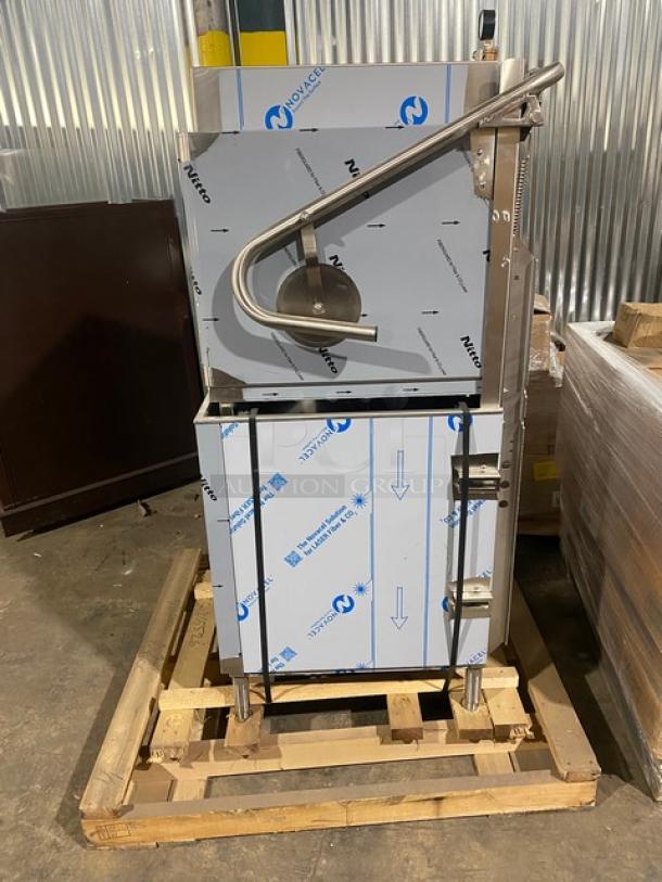 Brand new Champion DH6000 high-temp dishwashing machine, stainless steel, electric, 208-240V, 3-phase, on legs, with booster.