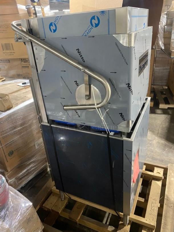 Brand new Champion DH6000 stainless steel commercial dishwasher, door-type, electric, 208-240V 3 phase, with booster, on legs.