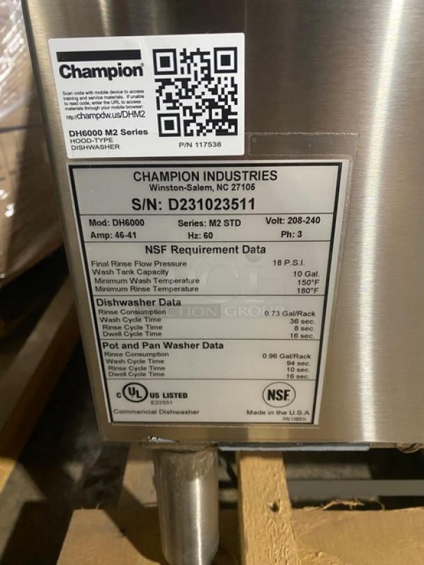 Brand new Champion DH6000 stainless steel door-type dishwasher, electric, high-temp, with booster, 208-240V 3 ph.