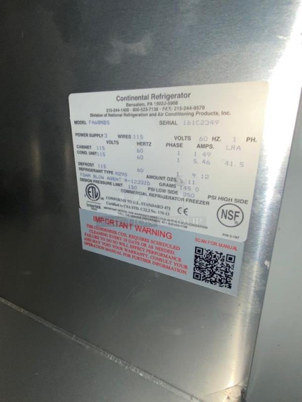 BRAND NEW! Continental Commercial Stainless Steel 2-1/2 Door 68" Extra-Deep Worktop Freezer! With Back Splash! Model: FA68NBS SN: 161C2349! 115V 1 Phase! - Image 11 of 11