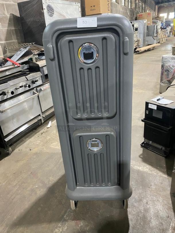Cambro Pro Cart Ultra charcoal gray non-electric insulated pan carrier, new condition, dual compartments, on casters.